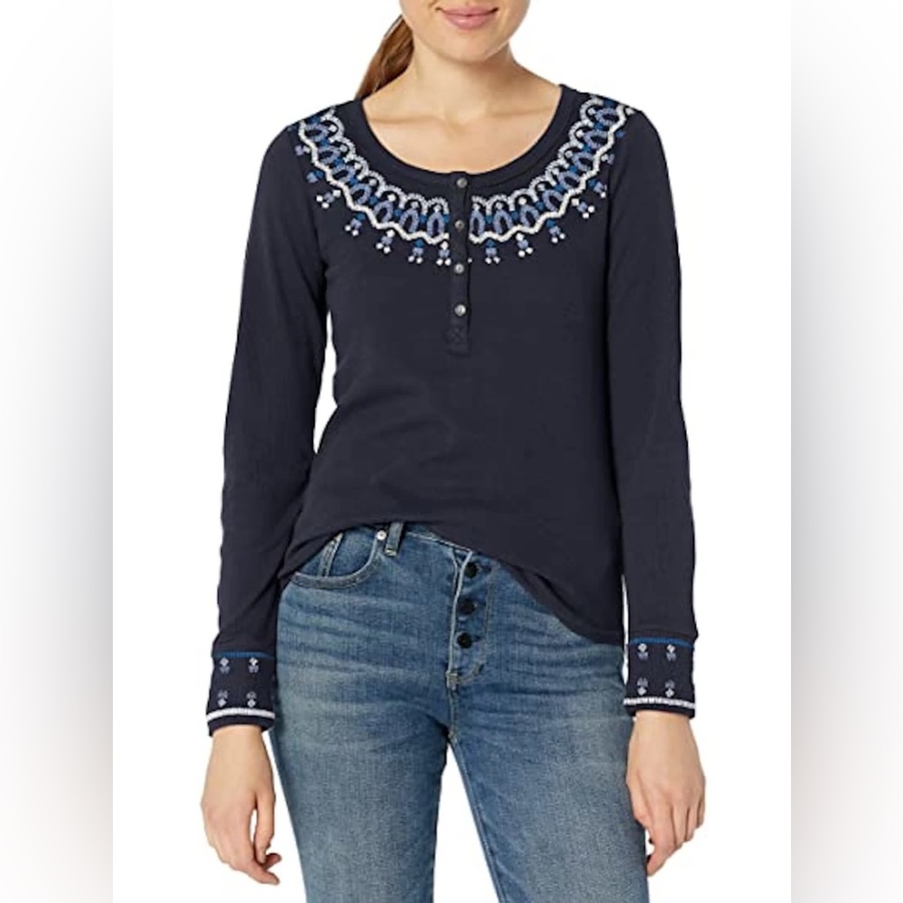 Lucky Brand | Blue Round Neckline Embellished Long Sleeve Thermal Top Blouse XS